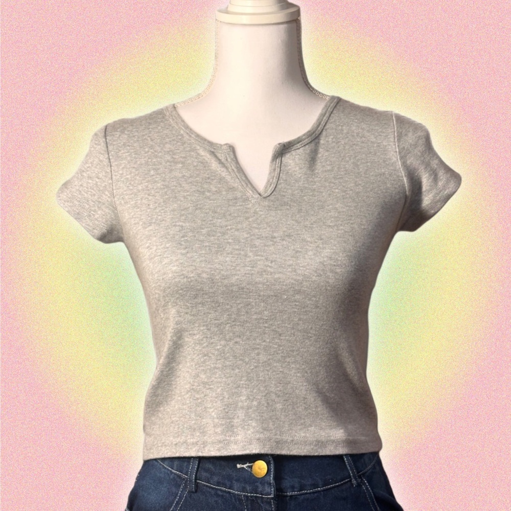 BRANDY MELVILLE slit short sleeve crop top gray